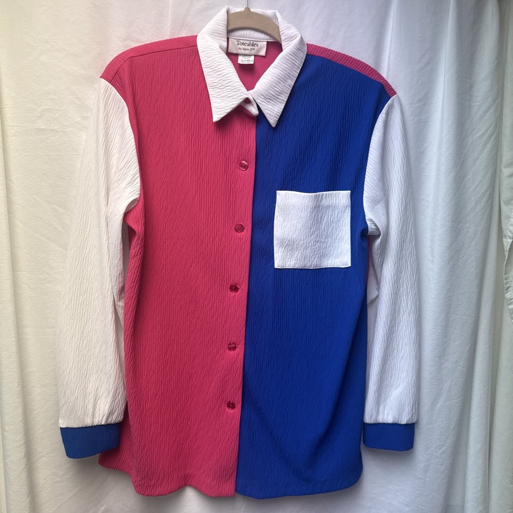Vintage Y2K Toteables Colorblock Button Down Casual Shirt Womens Sz M -Polyester